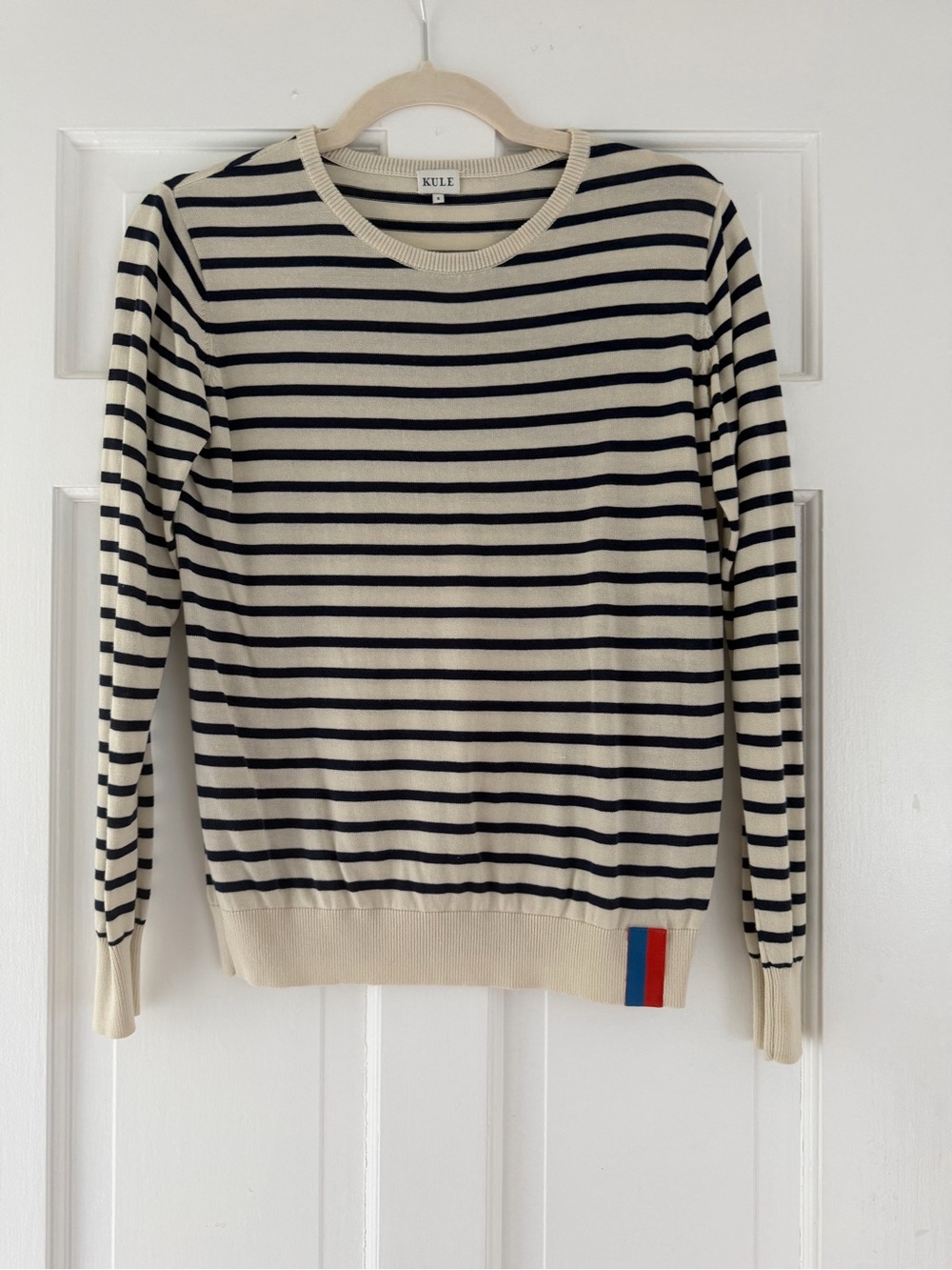 KULE Women's Cream and Navy Striped Crewneck Sweater